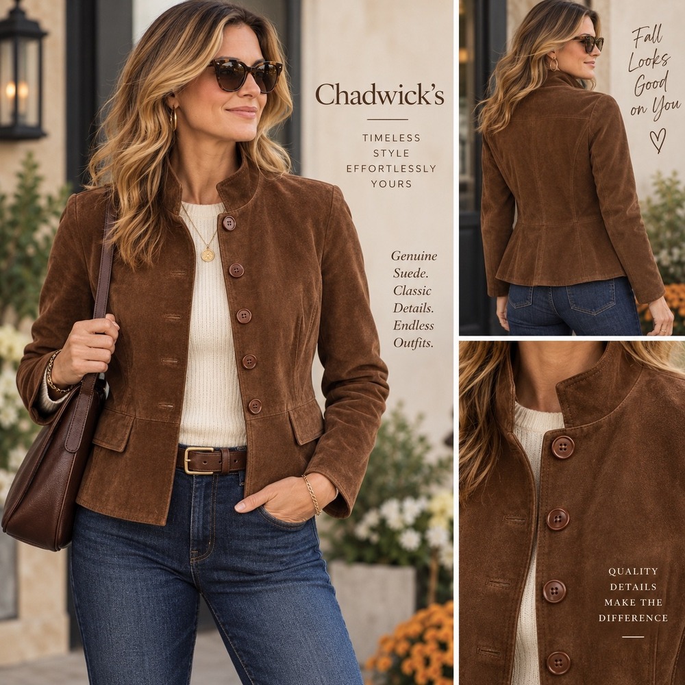 Chadwicks Womens 10 Brown Suede Leather Peplum Jacket Fitted Button Front